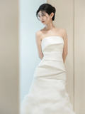 Vintage Mermaid Strapless Sleeveless White Fitted Pleated Long Wedding Dress Bride Gown Wedding Dresses HZ0311