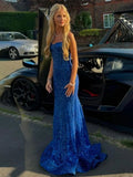 Shiny Royal Blue Mermaid Spaghetti Straps Long Beaded Prom Dress Party Gowns HZ0311