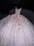 Princess Ball Gown Strapless Pink Floral Tulle Long Formal Evening Dress Formal 18th Birthday Gowns Prom Dresses HZ0311