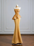 Romantic Mermaid Strapless Gold With Scarf Long Prom Dresses Impress 18th Birthday Outfits Party Gown HZ0311