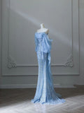 Sexy Mermaid Off The Shoulder Blue Sequin Long Formal Prom Dress Evening Gowns HZ0311