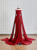 Timeless Mermaid Strapless Red Chiffon With Scarf Slit Long Prom Dresses Inspiration Party Gowns HZ0311