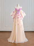 Princess Ball Gown Strapless Champagne Tulle With Lace Long Prom Dresses Inspiration Party Gowns HZ0311