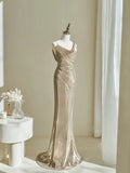 Modest Mermaid Straps Sequins Champagne For Women Party Dress Long Formal Prom Dresses 22th Birthday Outfits HZ0311