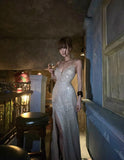 Sparkling Mermaid Spaghetti Strap Champagne Sequined Prom Dress Long Birthday Party Gown Evening Dresses HZ0311