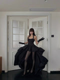 Chic High Low Halter Black Tie Wedding Guest Dress Satin Ruffles Long Prom Dresses Night Semi Formal Gown HZ0311