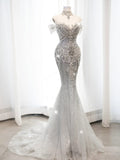Fairytale Fantasy Art Wedding Dresses Mermaid Off The Shoulder White Sequin With Beaded Bodice Long Brides Dress Fitted Bridal Gowns HZ0311