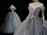 Modest Ball Gown Off The Shoulder Silver Tulle Prom Dresses Inspiration Party Gowns Princess Formal Dress HZ0311