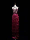 Charming Sheath Strapless Pink Sequins With Tassels Long Prom Dresses Evening Outfits Formal Dress HZ0311