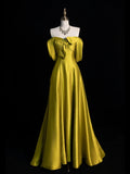 Modest A line Off The Shoulder Satin Green College Formal Outfit Long Prom Graduation Dresses For Teens HZ0311