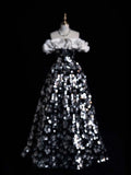 Modest Ball Gown Off The Shoulder Black Floral Sequin College Formal Sweet 16 Outfit Long Prom Dresses For Teens HZ0311