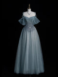 Elegant Ball Gown Off The Shoulder Dusty Grey Tulle Long Prom Dresses For Teens Evening Outfits Formal Dress HZ0311