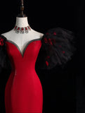 Elegant Mermaid Off The Shoulder Red Satin With Sleeves Floor Length Inspiration Long Prom Dresses HZ0311