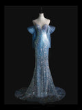 Beautiful Mermaid Off The Shoulder Light Sky Blue Sequin Long Prom Dresses Formal Gowns Inspo Evening Outfit HZ0311