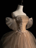 Elegant Ball Gown Off The Shoulder Champagne With Sleeves Tulle Inspiration Long Prom Dresses HZ0311