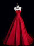 Modest Ball Gown Strapless Red Pleated Ruffles Long Prom Dresses Night Semi Formal Dress HZ0311