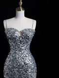 Chic Mermaid Spaghetti Strap Silver Gray Sequins Senior Prom dresses High School Long Formal Dresses HZ0311