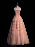 Cute Ball Gown Strapless Blush Pink Tulle Senior Prom Dresses High School Long Formal Dress HZ0311