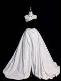 Modest Ball Gown Sweetheart Black Top White Satin Long Prom Dress For Women Girls Evening Dresses HZ0311