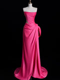 Simple Mermaid Strapless Pink Satin Pleated With Satin Long Prom Dresses Formal Gowns HZ0311