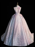 Modest Ball Gown Halter Pink Open Backs With Flowers College Formal Outfit Long Prom Inspo Graduation Dresses HZ0311