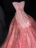 Glittery Mermaid Strapless Coral Pink Sequined Long Formal Evening Dress Formal 18th Birthday Gowns Prom Dresses HZ0311