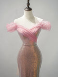 Sparkly Mermaid Off The Shoulder Pink Sequin Short Sleeves Long Prom Dresses Formal Gowns Evening Dress HZ0311