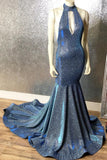 Gorgeous Navy Blue Long Mermaid V-Neck Prom Dress Spaghetti-Straps HZ0311