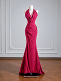 Flattering Mermaid Halter Fuchsia Prom Dresses Long Evening Formal Birthday Party Gowns HZ0311
