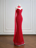 Romantic Mermaid Sweetheart Red Lace With Scarf Long Prom Dresses Impress 18th Birthday Outfits Party Gown HZ0311