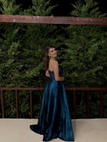 Simple A line Strapless Navy Blue Long Prom Dresses Satin Impress 19th Birthday Outfits Prom Gown HZ0311