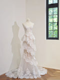 Modest Women's Mermaid Sweetheart Layered Pleated Lace Long Sweep Train Wedding Dresses HZ0311