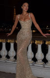 Sexy Mermaid Square Neck Gold Sequin Prom Dresses Party Dress Long Evening Dresses HZ0311