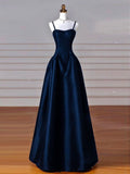 Unique A line Navy Blue Satin Prom Dresses Long Corset Fitted Back Prom Outfit Vestidos De Dia HZ0311