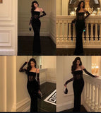 Classy Mermaid Spaghetti Straps Black Satin With Tops Lace Long Prom Dresses Trendy Party Dress For Women HZ0311