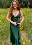 Simple Sheath Spaghetti Straps Silky Satin Dark Green Tea Length Prom Dresses Impress 19th Birthday Outfits Party Gown HZ0311