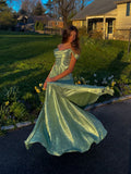 Elegant A Line Off The Shoulder Mint Green Satin With Short Sleeves Long Formal Fancy Evening Dress Dinner Outfits Classy Party Gowns HZ0311