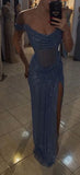 Sparkly Mermaid Off The Shoulder Blue Sequin Long Slit Evening Party Gowns Evening Dress Special Formal Dresses Prom Dress HZ0311