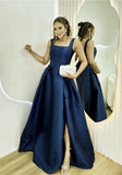 Simple A line Square Neck Navy Blue Satin Slit Long Prom Dresses Inspiration Evening Gowns For Women Formal Party Dress HZ0311