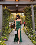 Sexy Sheath Spaghetti Straps Dark Green Slit Prom Dresses For Teens Formal Dress Party Outfits Prom Gown HZ0311