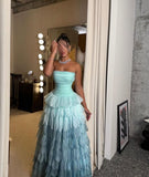 Sexy Ball Gown Strapless Blue Multi Layers Long Prom Dress Formal Party Prom Dresses HZ0311