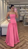 Chic A Line Strapless Pink Satin Pleated Sleeveless Long Party Formal Women Prom Dresses HZ0311