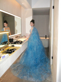 Modest Ball Gown Strapless Ice Blue With Long Cape Tiered Layered Prom Dress Aesthetic Long Graduation Evening Outfits HZ0311