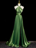 Simple A Line Halter Olive Green Satin Backless Long Prom Dresses Formal Party Dress Prom Gown HZ0311