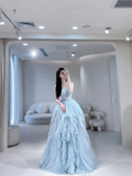 Cute Ball Gown Strapless Tulle Layered Blue Long Prom Dresses Impress 20th Birthday Outfits Prom Gown HZ0311