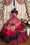 Wine Red Strapless A-Line Lace Floral Long Prom Dress Evening Ball Gown Sweet16 Dress, HZ0427