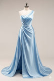 Elegant A Line One Shoulder Blue Satin With Slit Evening Women Party Dresses Long Formal Prom Dress 18th Birthday Gown HZ0311