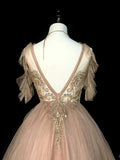 Modest A line Jewel Champagne Tulle With Beaded Bodice College Formal Outfit Long Prom Graduation Dresses For Teens HZ0311