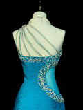 Vintage Mermaid One Shoulder Blue With Beaded 90s 2000s Senior Prom Dresses High School Long Formal Dress HZ0311