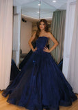 Classy Ball Gown Strapless Navy Blue Sequins Prom Dresses Party Dress Long Evening Dresses HZ0311
